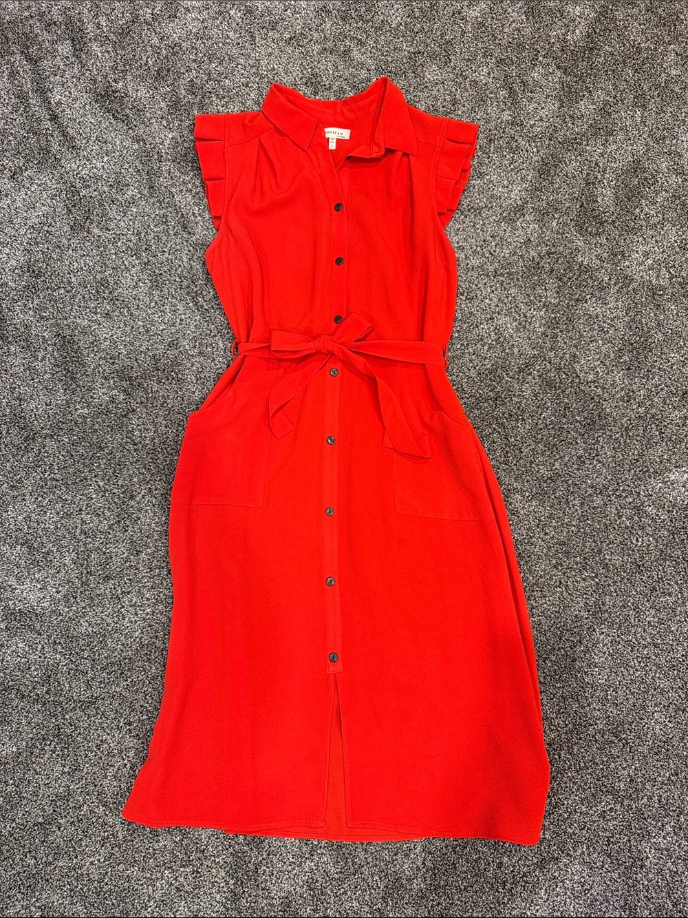 Monteau Red Button-Front Midi Dress with Tie Waist